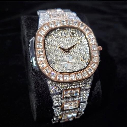 MISSFOX Luxury Watches Men Full Diamond Water Resistant Watch For Man Rose Gold And Silver Stainless Steel Mens Quartz Watches