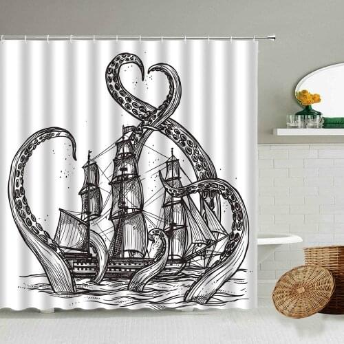 Black And White Creative Fun Octopus Shower Curtain Cartoon Animal Boat Family Bathroom Accessories Waterproof Hanging Curtains