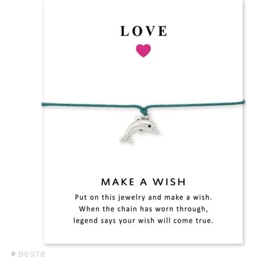 Girls Adjustable Love Statement Red Yellow Blue Jewelry with Card Make a Wish Silver Dolphin Charm Bracelets for Women