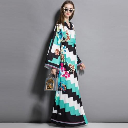 Runway Split Maxi Loose Cardigan Full Sleeve Autumn Elegant Floral Print Belt Contrast Color long Dress