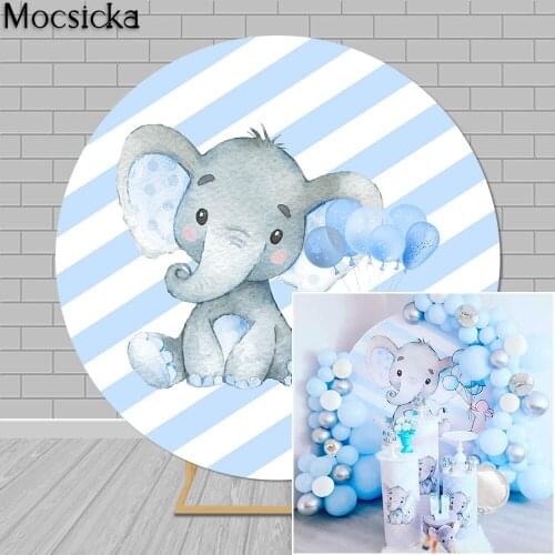 Cute Elephant Round Backdrop for Blue Stripe Boy Birthday Baby Shower Photography Background Circle Cake Table Decor Wallpaper
