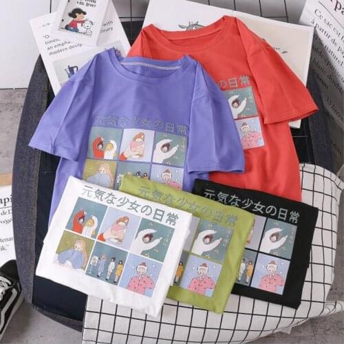 Japan Style Woman T shirts Fashion Print Short Sleeve Round Neck Cotton Spandex T-shirt Femme Spring Summer Women Top
