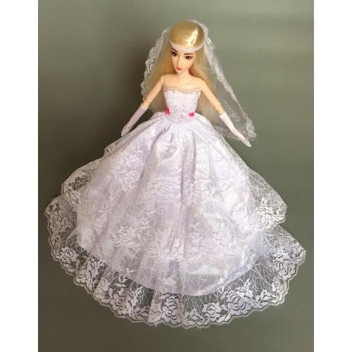 Combine Shipping) Handmade Gorgeous Evening Gown White Lace Flower Wedding Dress Glove Veil Clothing For Kurhn Barbie Doll