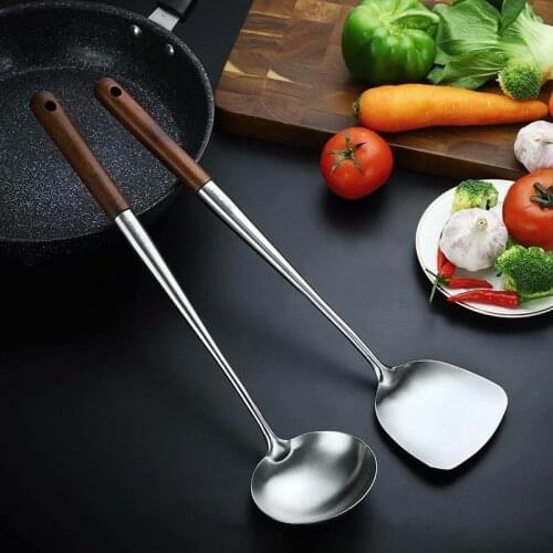 2-piece Kitchen Wok Spatula Spoon Set Stainless Steel Wok Spatula Spoon Cooking Tool Kitchen Hotel Household Special Set Tool