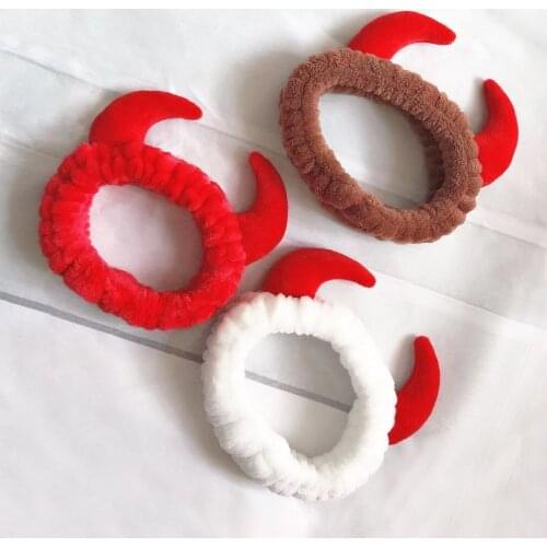 Plush Headband Women Girls Cute Red Horns Soft Elastic Hairband Wash Face Sport Velvet Hair Band Party Bandana Hair Accessories