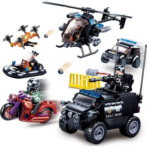 NEW Sluban City Police SWAT Team Car Helicopter Model DIY Building Blocks Action Figures Bricks Classic Moc Toys For Kids Gift