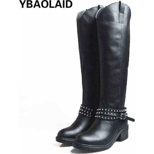 New Autumn/winter 2021 Cowhide Round Head Side Zipper Rivet Belt Buckle Thick Middle Heel Casual Straight Neutral Biker Boots