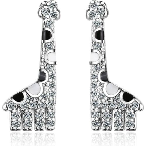 New Fashion 925 Sterling Silver Cute Giraffe Animal CZ Zircon Female Stud Earrings Original Jewelry For Women Birthday Gift