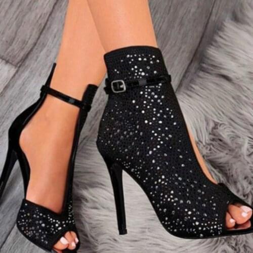 New Women Crystal Sandals Ankle Straps Buckle Transparent Cover Heel Pumps Ladies Sandals Party Shoes