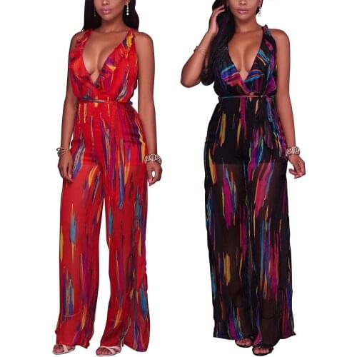 S-XL Casual Summer 2021 Black Jumpsuit Women v Neck Sleeveless Sexy Printed Chiffon Loose Romper Wholesale Dropshipping
