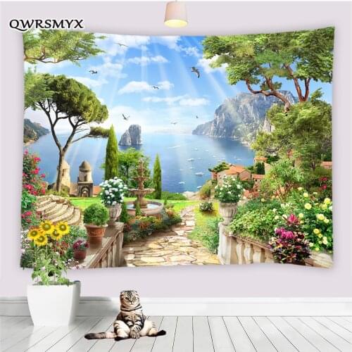 Garden Ocean Landscape Oil Painting Tapestry Wall Hanging Living Room Bedroom Dorm Decor Wall Tapestries Home Art Adornment