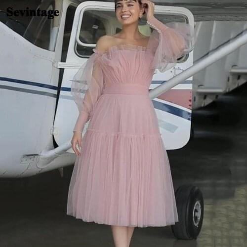 Sevintage Pink Short Prom Dresses 2021 A Line Puffy Sleeves Homecoming Dress Ruffles Tea-Length Backless Graduation Party Gowns