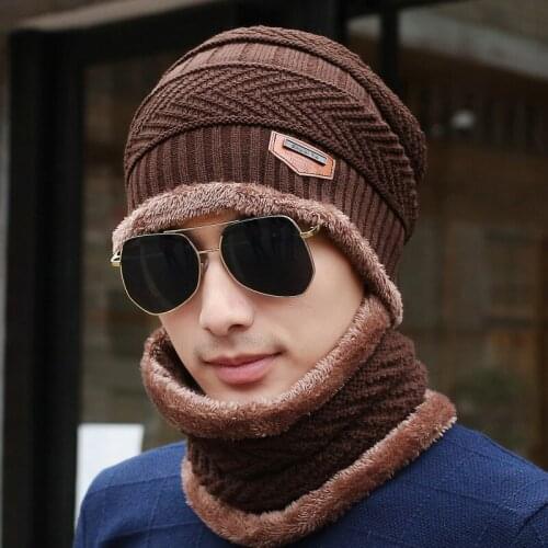 Hat Male Winter Korean-Style plus Velvet Warm Wool Knitted Scarf Baotou Cotton Cap Wind Bandana Thick Hat Scarf Set
