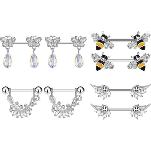 1 Pair 14G Surgical Steel Butterfly Bee Nipple Piercing Bar Women Nipple Ring Shield Cover Barbell Breast Body Piercing Jewelry