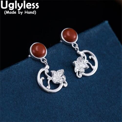 Uglyless Ethnic Real Silver Flowers Earrings for Women Natural Agate Studs Earrings Eastern Flavor Vintage Brincos 925 Silver