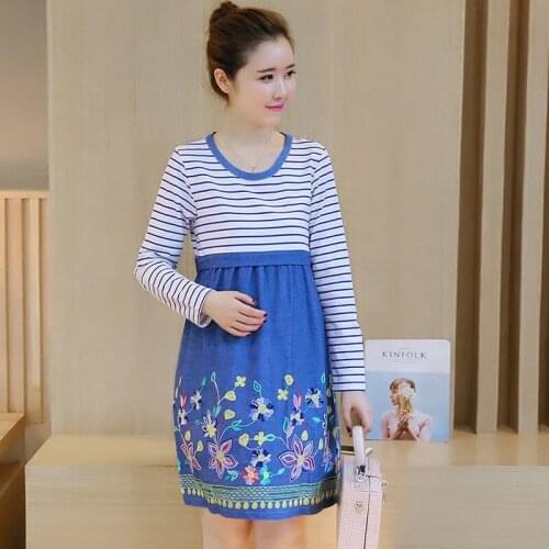 Spring Autumn Pregnacy Nurisng Dresses Striped for Pregnant Women Fashion Embroidery Long Sleeve Breastfeeding Clothes Plus Size
