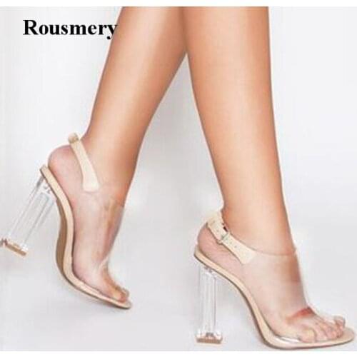 2017 New Fashion Women Open Toe PVC Transparent Thick Heel Sandals Heeled Sandals Crystal with Sandals PVC Heels Dress Shoes