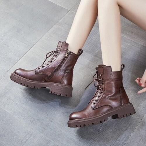 2021 New Genuine Leather British Style Casual Martin Boots Top Layer Cowhide Thick Heel Womens Single Boots Mid-heel Boots