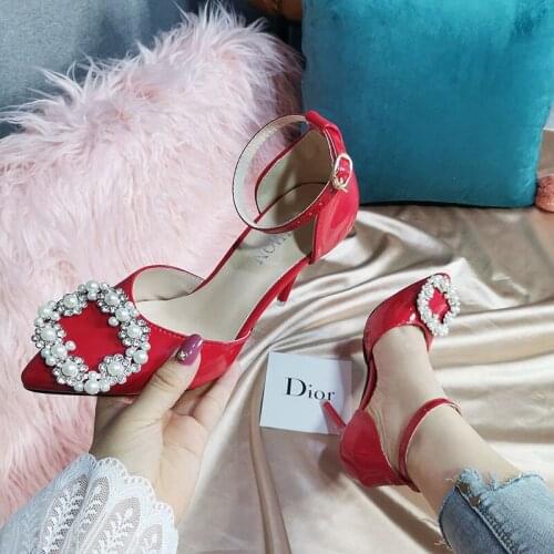 2021 summer new high heels square head shallow mouth womens single shoes square buckle pearl plus size dress wedding shoes