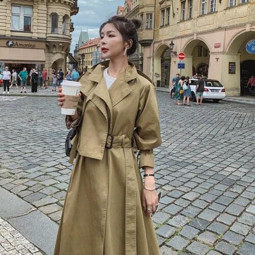 Khaki Korean LongWomens Trench Coat British Style 2021 Spring Autumn Slim Elegant Womens Windbreaker With Belt Trench Coats