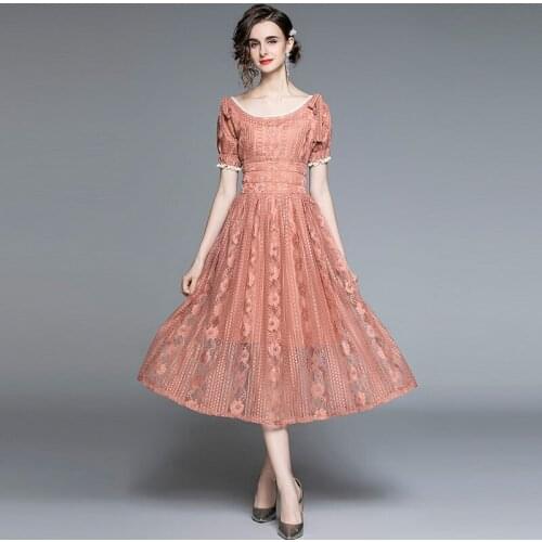 2021 New Runway Womens Summer Midi Dress Lady Sweet Bow Short Sleeve Ruffles Lace Floral Embroidery Vintage Dresses Vestidos