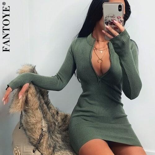 Fantoye Sexy V-neck Zipper Ribbed Women Dress Green Long Sleeve Cotton Mini Dresses Ladies Summer Skinny Party Clubwear Vestidos