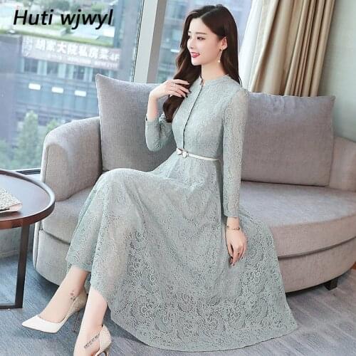 2021 Autumn Winter Plus Size Vintage Lace Midi Dresses Women Elegant Bodycon Black Maxi Dress Party Long Sleeve Runway Vestidos