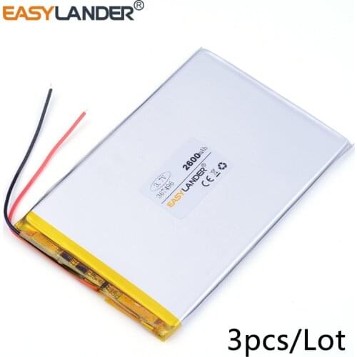 3pcs /Lot 3.7v lithium Li ion polymer rechargeable battery for 7 inch tablet pc A23/A33/MTK6577/MTK6572 367496 2600mah