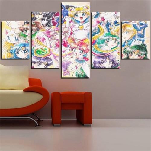 5 Piece Wall Art Canvas Paintings Anime Posters Magical Girl Manga Figure Modular Pictures Modern Decor Living Room Decoration