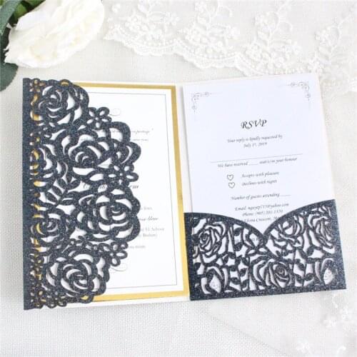 Glittery dark blue invitation card cover tri-fold rose laser cutting pocket holiday postcard greeting card