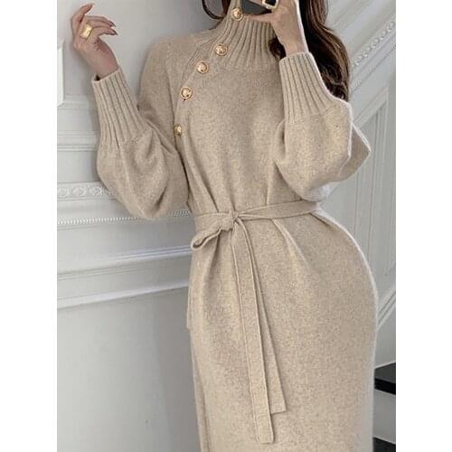 One Piece Stylish Winter Turtleneck Button Knitted Dress Women Full Sleeve Thicken Long Sweater Dress Elegant Slim Woman Dresses