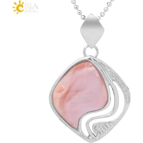 CSJA Romantic Style Natural Pink Shell Pendants Necklace Geometric Hollow Charm Pendant for Women Girl Fashion Jewelry Gift F930
