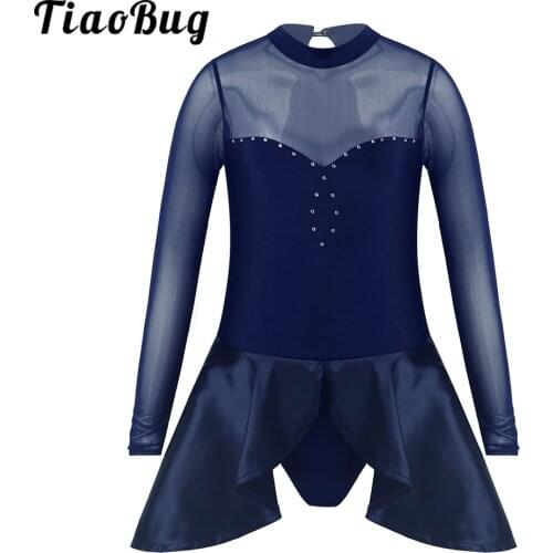 Kids Girls Long Sleeve Mesh Tulle Tutu Ballet Dance Leotard Dress for Performance Dancewear Clothes Gymnastics Leotard Costume