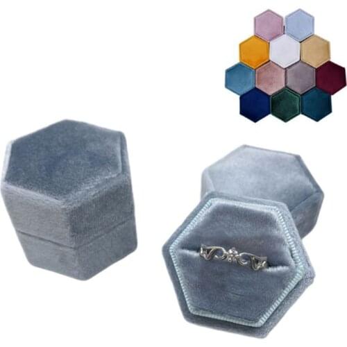 E56A Hexagon Velvet Ring Box Single Ring Display Holder with Detachable Lid Ring Box Holder for Valentines Day(G63)