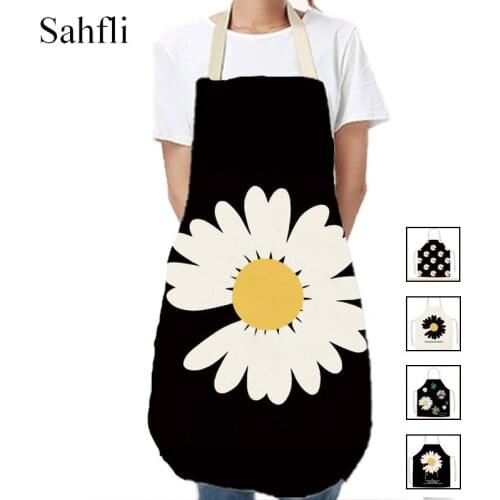 Cute Little Daisy Printed Kitchen Apron Cotton Linen Black White Sleeveless Apron Home Cooking Baking Antifouling Cleaning Tools