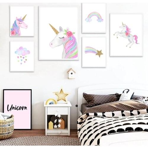 Unicorn Wall Art Canvas Painting Girls Room Decor Watercolor Cartoon Unicorns Rainbow Nordic Posters Print Pink Blush Pictures