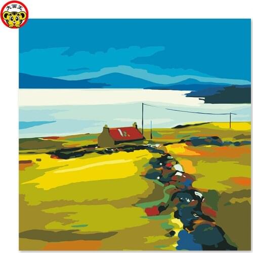 Painting by numbers art paint by number Between the three lines Beach distance Small house happy family Blue sky Color past