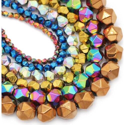 Natural Hematite Stone 3/4/6/8/10MM Blue,Gold,Purple Faceted Round Spacer Loose Beads For Jewelry Making Bracelet DIY Findings