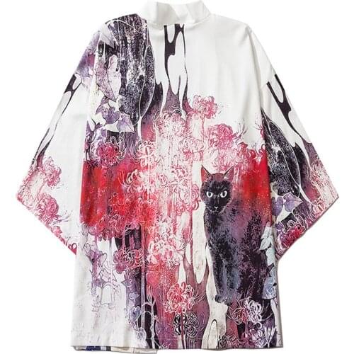 Red Flower Cat Printed Women Men Japanese Obi Male Yukata Mens Haori Coat Traditional Japan Kimono Cardigan Clothing