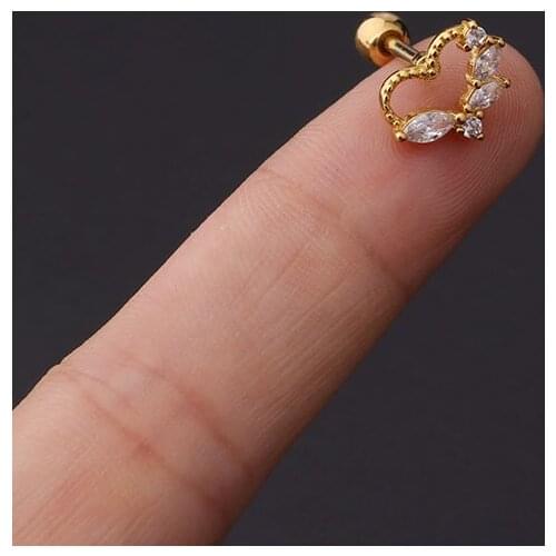 1 PCS Cute Mini Copper Zircon hollow Heart Circle Ear Cartilage Stud Cuff Earring Simple Stainless Steel Helix Bar Ear Jewelry