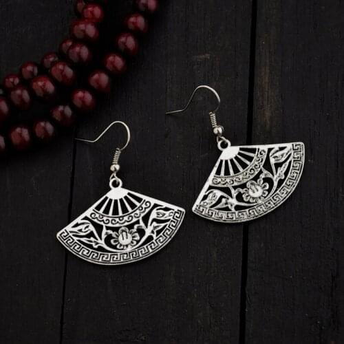 Retro earrings, Miao silver hollow fans classical pattern Earrings