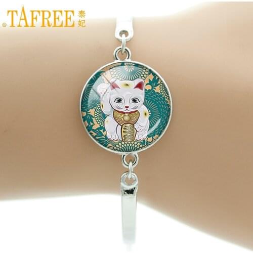 TAFREE Maneki Neko Teal art charm Bracelet Lucky Cat women jewelry Handmade glass Cabochon metal bangle bracelets Animal D1288