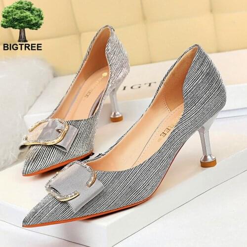 Bigtree Women Shoes Mid Heel Shoes 2020 Pointed Toe Heel Shoes Mujer Bombas Wedding Party Sexy Shoes For Rhinestone Belt Buckle