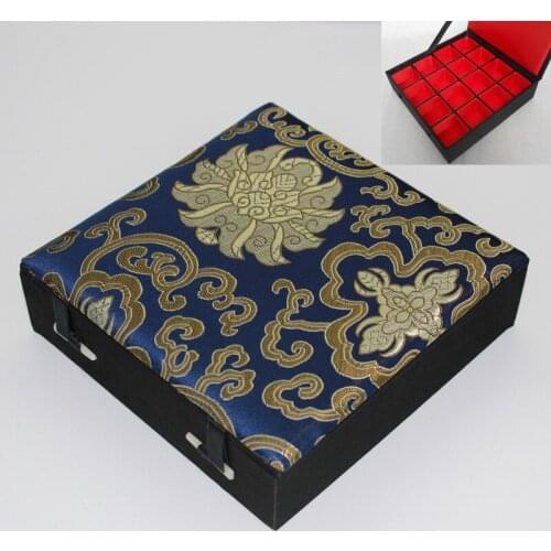 Decoration 16 Grid Slots Wood Ring Box Silk Brocade Jewelry Storage Case Earring Pendant Organizer Box Wedding Birthday Gift