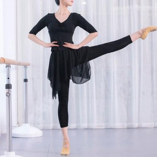 Women 2-in-1 Leggings Soft Modal Chiffon Skirt Asymmetrical Slim Dance Pilates Ballet Jazz Latin Crop Pants Legging Femme