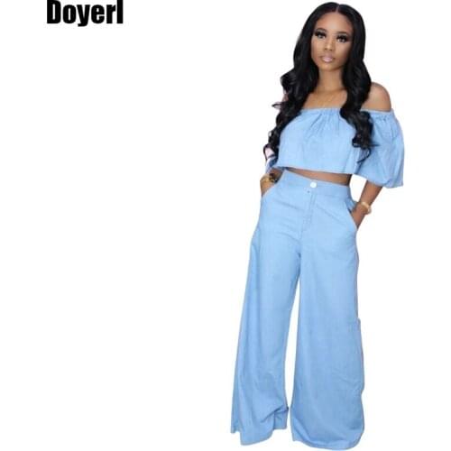 Blue Off Shoulder Two Piece Pants Set Matching Sets Summer Outfits for Women 2021 Sexy Club 2 Piece Sets Womens Outfits Vacation