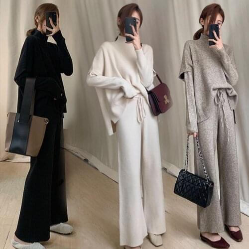 2020 Autumn and Winter Women Suit Sweater Set OL Style Turtleneck Pullover & Vest & Loose Knit Pants Three Piece Outfits Set A57