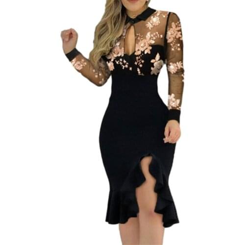 Women Bodycon Dress With Ruffle Hem Summer Autumn Patchwork Mesh Long Sleeve Floral Embroidery/Sequin Dresses Fashion Party