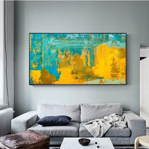 Abstract Wall Art Decorative Canvas Prints Golden And Turquoise Color Canvas Art Painting Abstract Picture For Living Room Wall