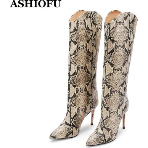 ASHIOFU Handmade New Style Womens High Heel Boots Faux-snake Leather Sexy Club Knee Boots Party Evening Fashion Boots Shoes